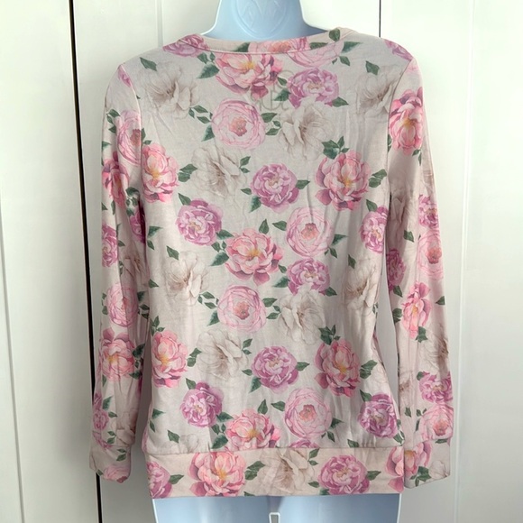 Chaser Pink Floral Print Scoop Neck Long Sleeve Knit Oversized Pullover Top XS - Picture 4 of 8
